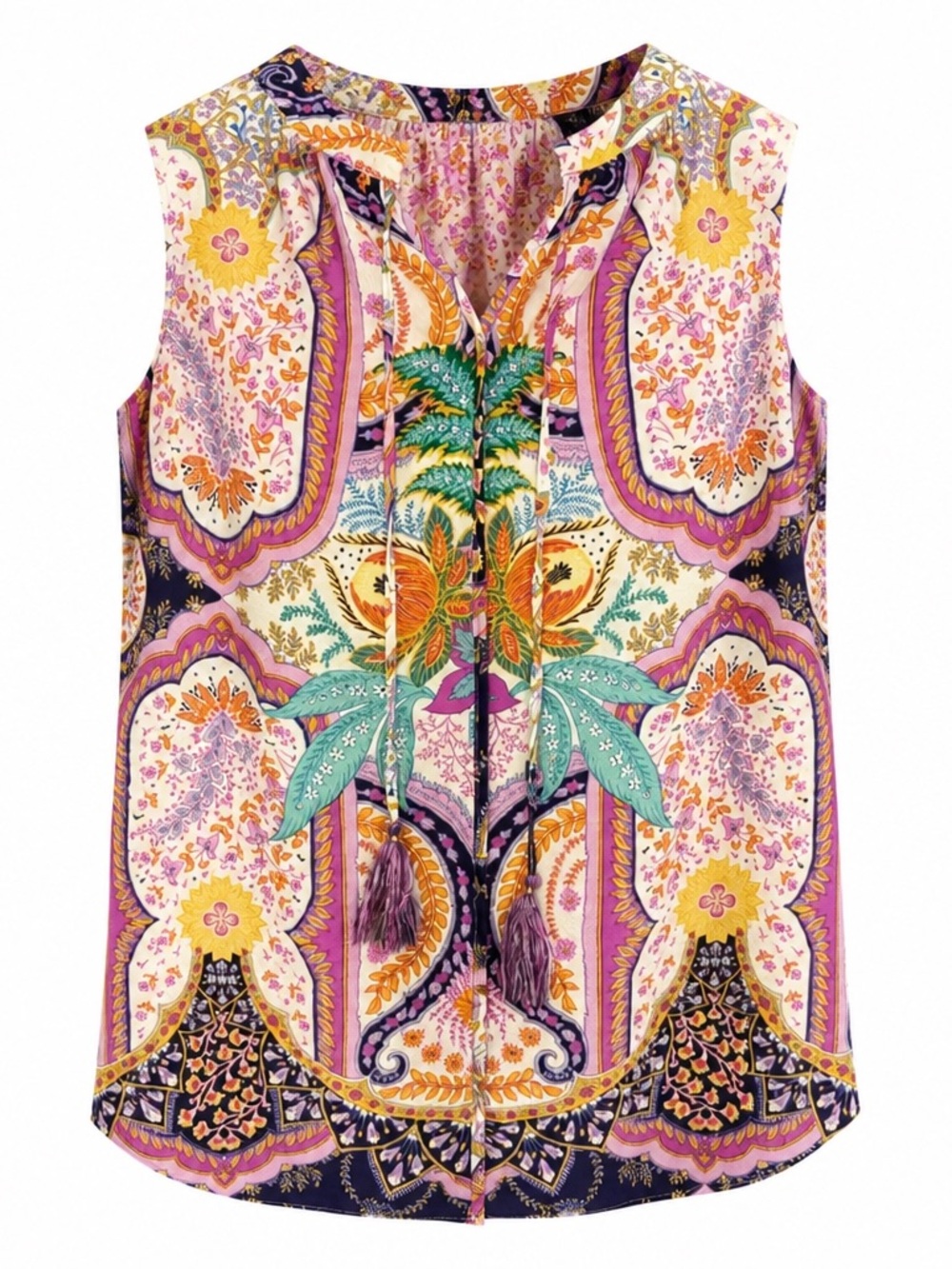 Rose & Olive - Multicolor Lavender Paisley Tie-Neck Camisole w/ Tassles Fun